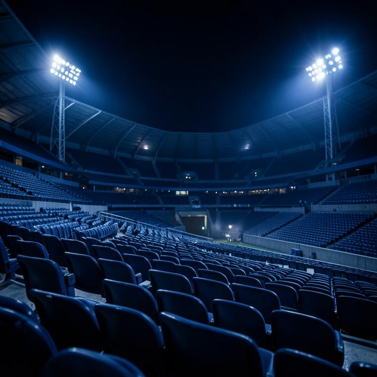 Empty stadium seating under floodlights